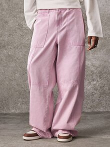 ROMWE MEN Y2K American Style Pink Patchwork Washed Soft Denim Jeans Unisex Retro Distressed Multi-Pocket Curved Wide Leg Floor Length Pants All Season Versatile - Pink - View 7
