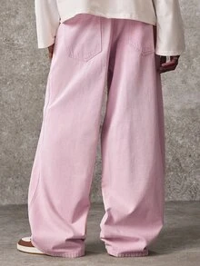 ROMWE MEN Y2K American Style Pink Patchwork Washed Soft Denim Jeans Unisex Retro Distressed Multi-Pocket Curved Wide Leg Floor Length Pants All Season Versatile - Pink - View 3