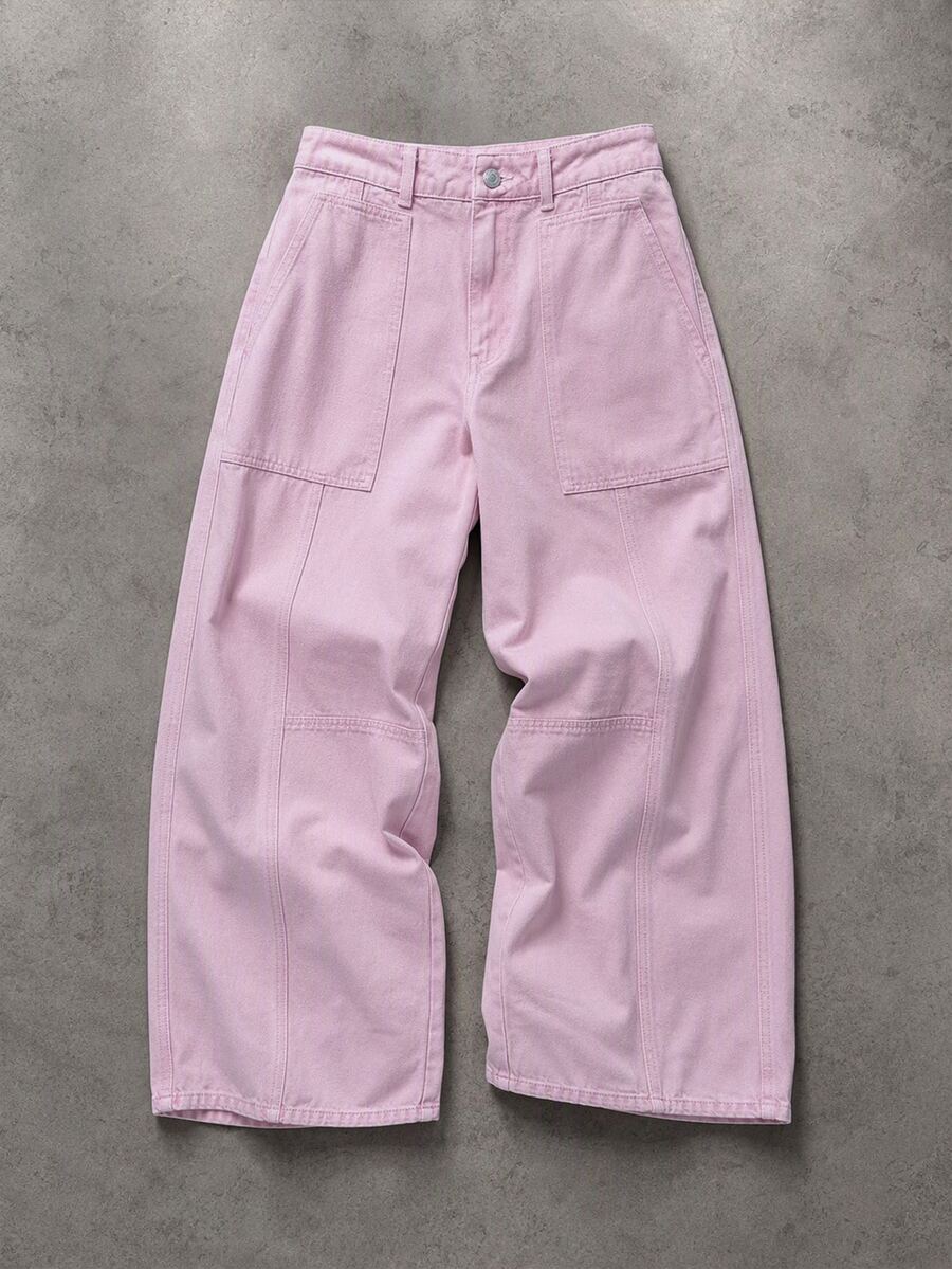 ROMWE MEN Y2K American Style Pink Patchwork Washed Soft Denim Jeans Unisex Retro Distressed Multi-Pocket Curved Wide Leg Floor Length Pants All Season Versatile - Pink - View 1