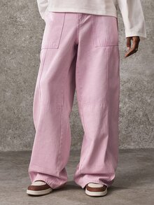 ROMWE MEN Y2K American Style Pink Patchwork Washed Soft Denim Jeans Unisex Retro Distressed Multi-Pocket Curved Wide Leg Floor Length Pants All Season Versatile - Pink - View 8