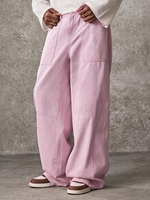 ROMWE MEN Y2K American Style Pink Patchwork Washed Soft Denim Jeans Unisex Retro Distressed Multi-Pocket Curved Wide Leg Floor Length Pants All Season Versatile - Pink - View 6
