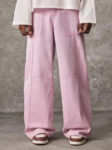 ROMWE MEN Y2K American Style Pink Patchwork Washed Soft Denim Jeans Unisex Retro Distressed Multi-Pocket Curved Wide Leg Floor Length Pants All Season Versatile - Pink - View 4