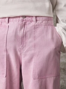 ROMWE MEN Y2K American Style Pink Patchwork Washed Soft Denim Jeans Unisex Retro Distressed Multi-Pocket Curved Wide Leg Floor Length Pants All Season Versatile - Pink - View 2