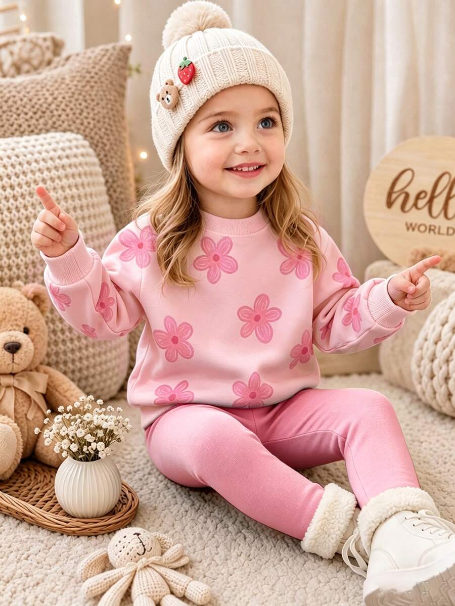 Girls 2pcs Set, Pink Floral Element Fashion Casual Digital Print Crew Neck Sweatshirt With Leggings, Suitable For Daily And Casual Occasions, Comfortable And Stylish, All Season Wear - Multicolor - View 1