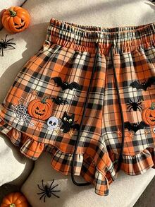 Resyla Women's Plaid Print Ruffle Hem Casual Shorts, Halloween Costume, Everyday Casual Pants - Multicolor - View 3