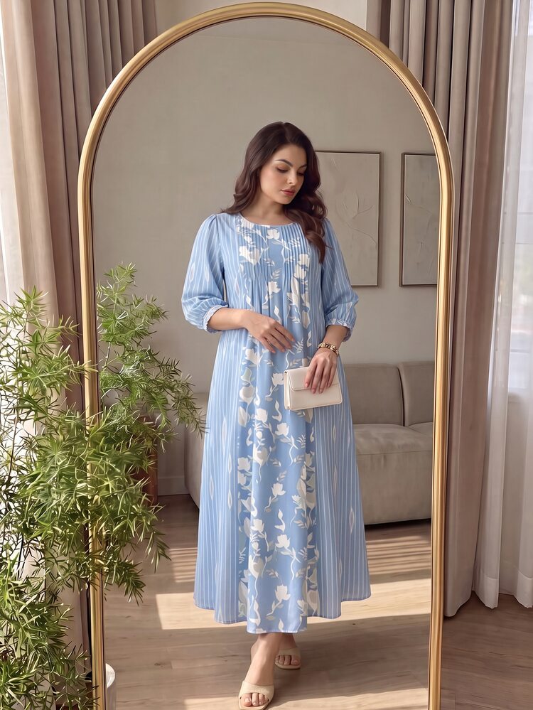 Lacomfia Fresh White Vertical Stripe Floral Print Light Blue Plus Size Women's Dress, Spring/Autumn Fashion Round Neck With Pleated Design, Mid-Length Sleeve, Cinched Waist, Full Skirt, Long Dress, Suitable For Daily Casual, Beach, Outdoor Outings And Travel - Multicolor - View 4