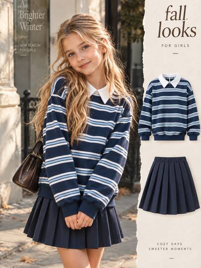 SHEIN Teen Girls Sweatshirt Set, Navy Blue, Hoodie + Joggers 2 Pieces Set, Loose Fit, Warm For Autumn/Winter, Fashionable & Versatile, Casual, Fleece Lined, Winter, Autumn, Comfortable, Daily Wear, Zipper, Street Style