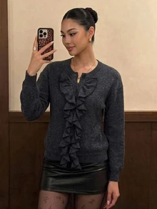 DAZY Women's Solid Color Ruffle Trim Casual Versatile Daily Wear Cardigan - Black - View 5