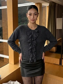 DAZY Women's Solid Color Ruffle Trim Casual Versatile Daily Wear Cardigan - Black - View 4