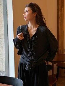 DAZY Women's Solid Color Ruffle Trim Casual Versatile Daily Wear Cardigan - Black - View 1