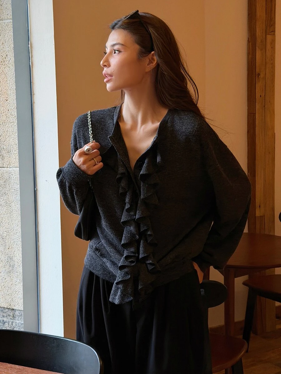 DAZY Women's Solid Color Ruffle Trim Casual Versatile Daily Wear Cardigan - Black - View 1