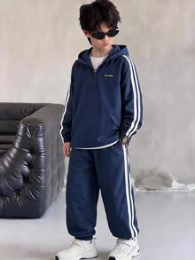 SHEIN 2pcs Kids Tween Boy Casual Daily Versatile Comfortable Patchwork Hooded Half-Zip Pullover Loose Long Sleeve Jacket And Loose Jogger Pants Woven 2 Pieces Set Suitable For Autumn/Winter - Navy Blue - View 3