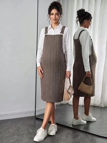 SHEIN Multi-Color Plaid Wool Maternity Pinafore Dress, Casual Elegant Square Neck, Adjustable, With Pockets And Side Buttons, Daily Wear - Multicolor - View 2