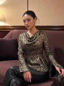 DAZY Autumn/Winter Gold Brown Leopard Print Ruched Neck Flared Sleeve Cinched Waist Ruffle Hem Elegant Party Date Wedding Banquet Commute Women's T-Shirt - Brown - View 2