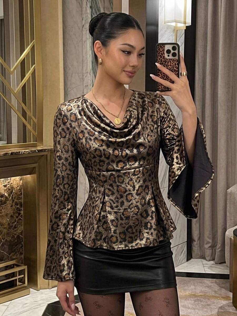 DAZY Autumn/Winter Gold Brown Leopard Print Ruched Neck Flared Sleeve Cinched Waist Ruffle Hem Elegant Party Date Wedding Banquet Commute Women's T-Shirt - Brown - View 1