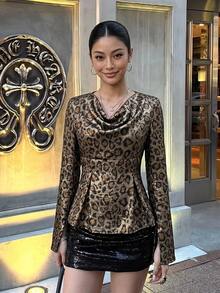 DAZY Autumn/Winter Gold Brown Leopard Print Ruched Neck Flared Sleeve Cinched Waist Ruffle Hem Elegant Party Date Wedding Banquet Commute Women's T-Shirt - Brown - View 4