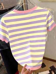 Resyla Women's Blue White Stripe Print Round Neck Short Sleeve T-Shirt, Summer Date Brunch Everyday And Y2k Casual Cute - Multicolor - View 2