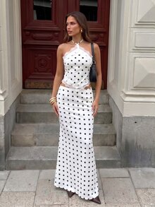 Aloruh Women's Contrast Lace Polka Dot Print Halter Neck Tank Top And Skirt Vacation Casual Two Pieces Set - Black and White - View 3