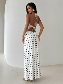 Aloruh Women's Contrast Lace Polka Dot Print Halter Neck Tank Top And Skirt Vacation Casual Two Pieces Set - Black and White - View 2