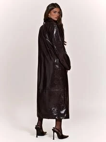 SHEIN BAE Women's Solid Color PU Leather Lapel Neck Long Sleeve Elegant Long Trench Coat - Burgundy - View 2