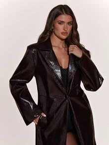 SHEIN BAE Women's Solid Color PU Leather Lapel Neck Long Sleeve Elegant Long Trench Coat - Burgundy - View 4