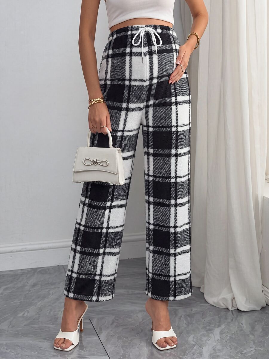 Momance Maternity Pants Drawstring Plaid Casual Long Pants Winter - Black and White - View 1