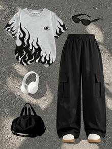 SHEIN 2pcs Tween Boy Cool Flame Pattern Logo Print Crew Neck Short Sleeve T-Shirt Wide Leg Cargo Pants Set, Suitable For Back-To-School, Summer Black School - Multicolor - View 3