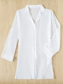 SHEIN Swim 夏季海滩休闲长袖衬衫女士纯色海滩度假开领和服 - 白色 - 查看 4