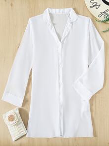SHEIN Swim 夏季海滩休闲长袖衬衫女士纯色海滩度假开领和服 - 白色 - 查看 5