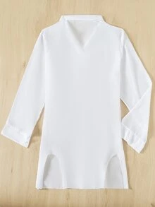 SHEIN Swim 夏季海滩休闲长袖衬衫女士纯色海滩度假开领和服 - 白色 - 查看 6