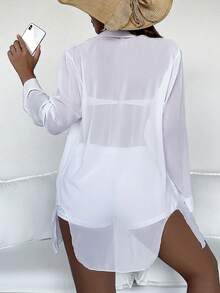 SHEIN Swim 夏季海滩休闲长袖衬衫女士纯色海滩度假开领和服 - 白色 - 查看 3