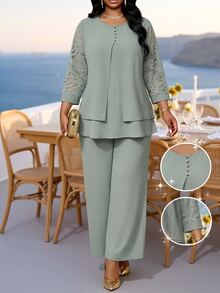 SHEIN Lady Plus Size Women Lace Patchwork Long Sleeve Top And Pants Casual Daily 2 Pieces Set Fall - Green - View 1