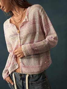 Bohemela 女款休閒浪漫波希米亞風百搭日常穿著長袖開襟衫 度假風 粉色與紫色條紋 秋季 - 彩色 - 查看 6