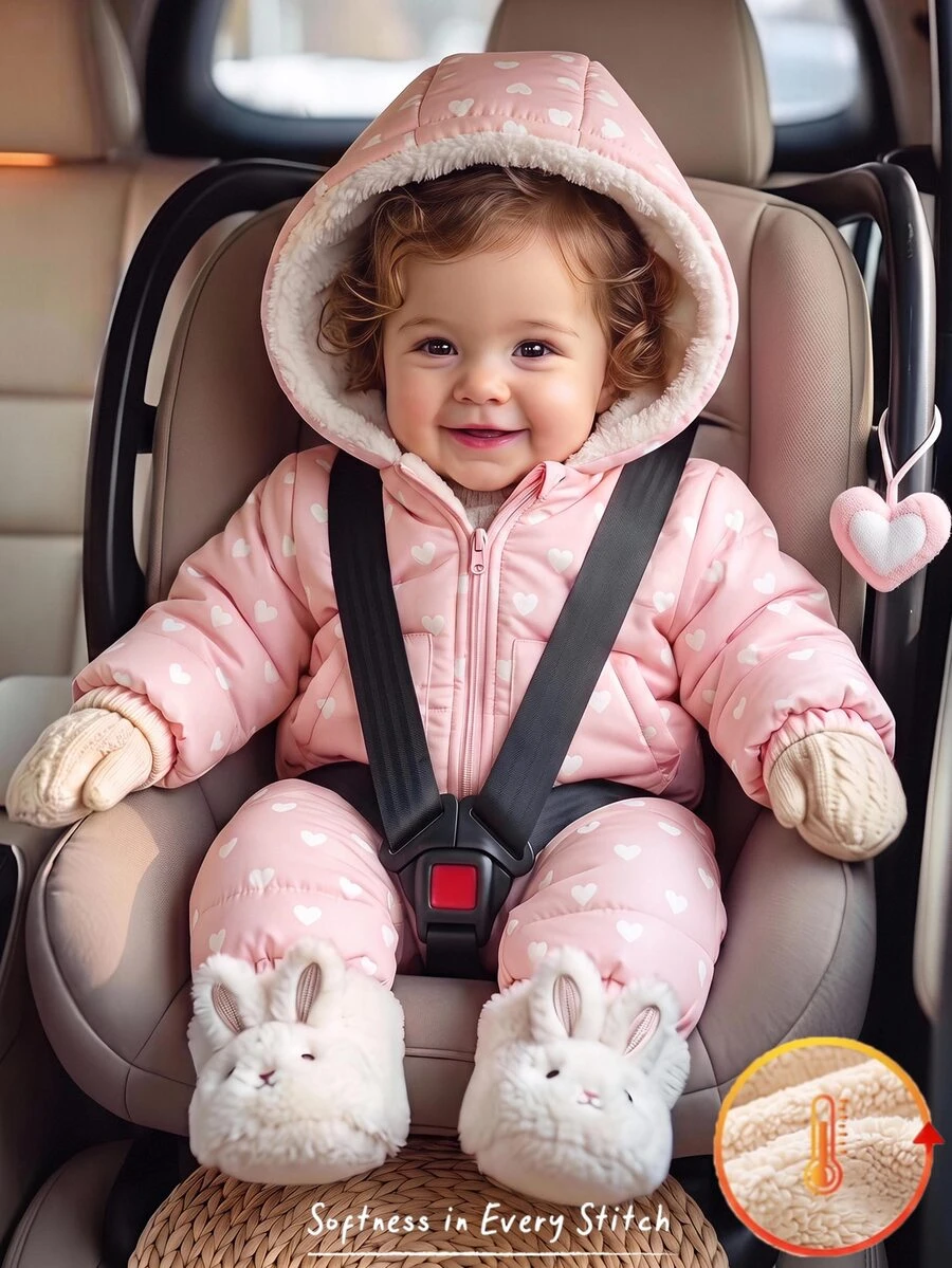 Cozy Pixies Baby Girls Winter Pink Heart Pattern Thermal Lined Thick Hooded One-Piece Padded Coat, Comfortable And Versatile For Baby Girl - Pink - View 1