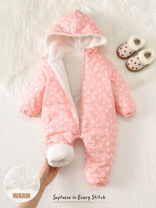 Cozy Pixies Baby Girls Winter Pink Heart Pattern Thermal Lined Thick Hooded One-Piece Padded Coat, Comfortable And Versatile For Baby Girl - Pink - View 6