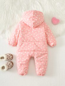 Cozy Pixies Baby Girls Winter Pink Heart Pattern Thermal Lined Thick Hooded One-Piece Padded Coat, Comfortable And Versatile For Baby Girl - Pink - View 3