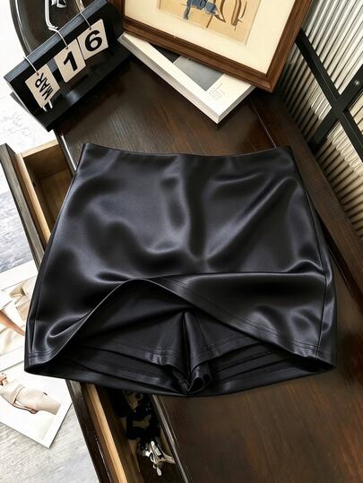 SHEIN Franclia European & American New Fashion Satin Glossy Elegant Design Anti-Exposure Skort Sexy Women's Skirt, Women's Spring/Summer Skirt, Autumn/Winter Clothing, Autumn Outfit, Vacation, Outing, Y2K, Spring, Summer, Back To School, Casual, Beach, Business, Versatile, Sexy, Women's Black Skirt, Women's Autumn/Winter Bottoms, Skort