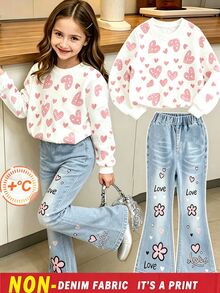 SHEIN Elladie kids Girls' Autumn-Winter Casual Set: Heart-Patterned Sweatshirt + Faux-Denim Print Flared Pants, Autumn-Winter Set Suitable For Daily Wear. - Pink - View 3