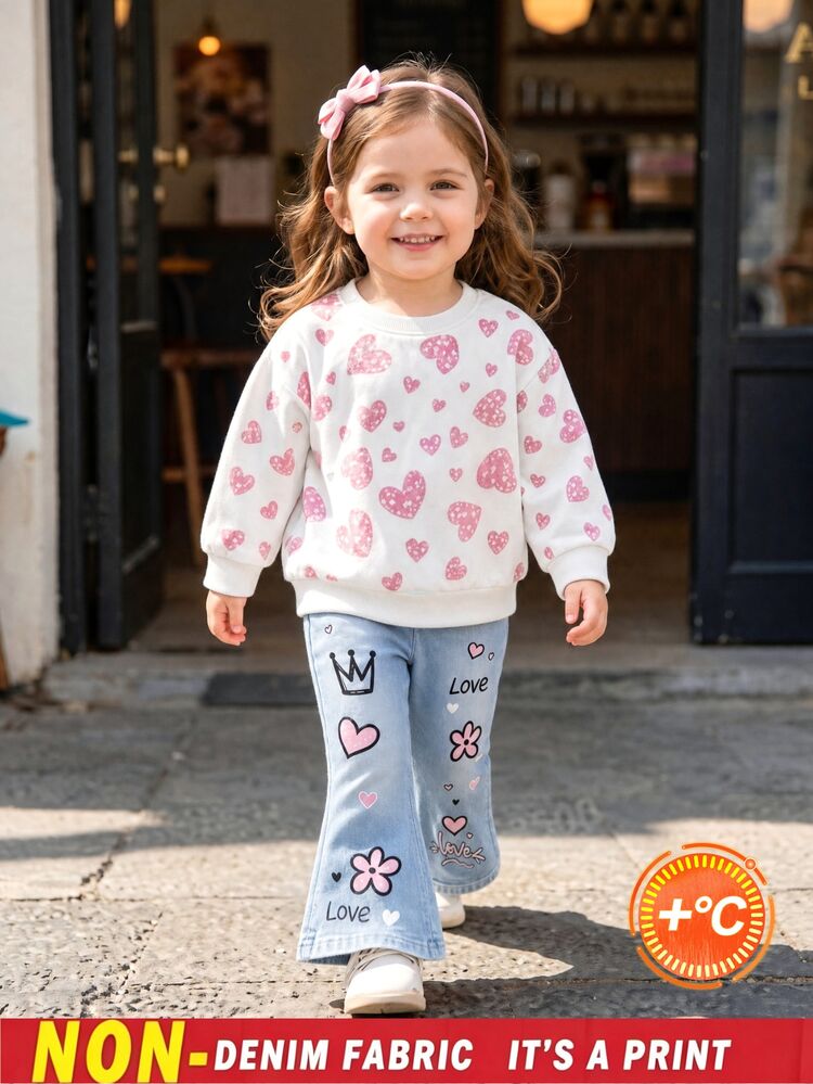 SHEIN Elladie kids Girls' Autumn-Winter Casual Set: Heart-Patterned Sweatshirt + Faux-Denim Print Flared Pants, Autumn-Winter Set Suitable For Daily Wear. - Pink - View 1