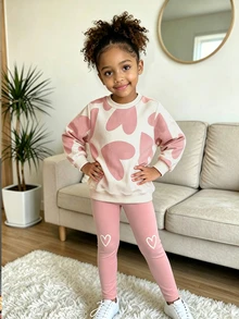 Young Girls 2 Pieces Set: Pink Heart Pattern Crew Neck Loose Long Sleeve Sweatshirt + Matching Wide Leg Pants, Cute Stylish Casual Baby Outfit, Autumn - Baby Pink - View 5