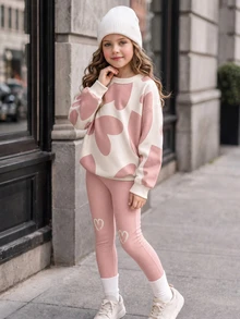 Young Girls 2 Pieces Set: Pink Heart Pattern Crew Neck Loose Long Sleeve Sweatshirt + Matching Wide Leg Pants, Cute Stylish Casual Baby Outfit, Autumn - Baby Pink - View 2