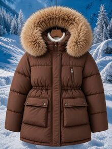 SHEIN Girls' New Autumn/Winter Parka Jacket, Winter Fur Collar, Large Pockets, Hooded, Waist-Cinching, Simple Fashion Mid-Length Padded Coat - Coffee Brown - View 5