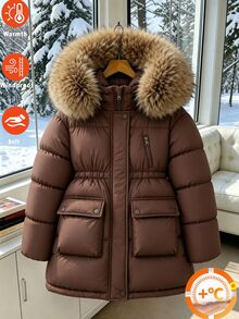 SHEIN Girls' New Autumn/Winter Parka Jacket, Winter Fur Collar, Large Pockets, Hooded, Waist-Cinching, Simple Fashion Mid-Length Padded Coat - Coffee Brown - View 1