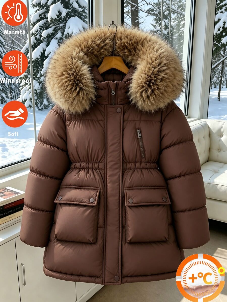 SHEIN Girls' New Autumn/Winter Parka Jacket, Winter Fur Collar, Large Pockets, Hooded, Waist-Cinching, Simple Fashion Mid-Length Padded Coat - Coffee Brown - View 1