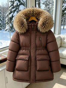 SHEIN Girls' New Autumn/Winter Parka Jacket, Winter Fur Collar, Large Pockets, Hooded, Waist-Cinching, Simple Fashion Mid-Length Padded Coat - Coffee Brown - View 4