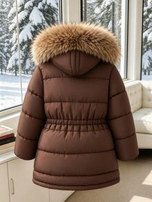 SHEIN Girls' New Autumn/Winter Parka Jacket, Winter Fur Collar, Large Pockets, Hooded, Waist-Cinching, Simple Fashion Mid-Length Padded Coat - Coffee Brown - View 2