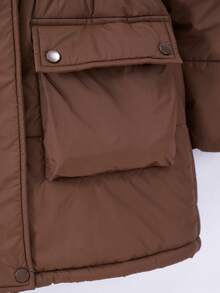 SHEIN Girls' New Autumn/Winter Parka Jacket, Winter Fur Collar, Large Pockets, Hooded, Waist-Cinching, Simple Fashion Mid-Length Padded Coat - Coffee Brown - View 7