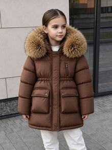 SHEIN Girls' New Autumn/Winter Parka Jacket, Winter Fur Collar, Large Pockets, Hooded, Waist-Cinching, Simple Fashion Mid-Length Padded Coat - Coffee Brown - View 3