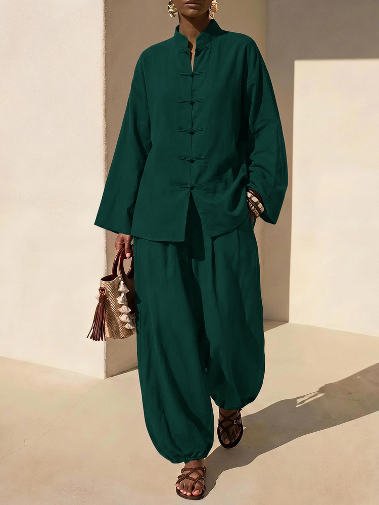 Zivah New Loose Linen New Chinese Style Button-Up Top + Lantern Trousers Women's Two Pieces Set - Dark Green - View 3