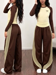 Tween Girls Autumn Fashion Premium Yellow & Brown Bow Waist Gathered Long Sleeve T-Shirt & Wide Leg Pants Set, Fall Outfits - Multicolor - View 3